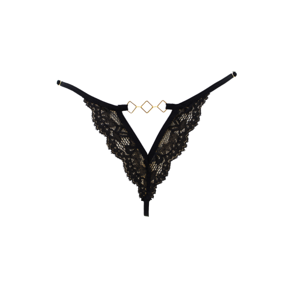 Tanga noir en dentelle avec bijou losanges dorés 